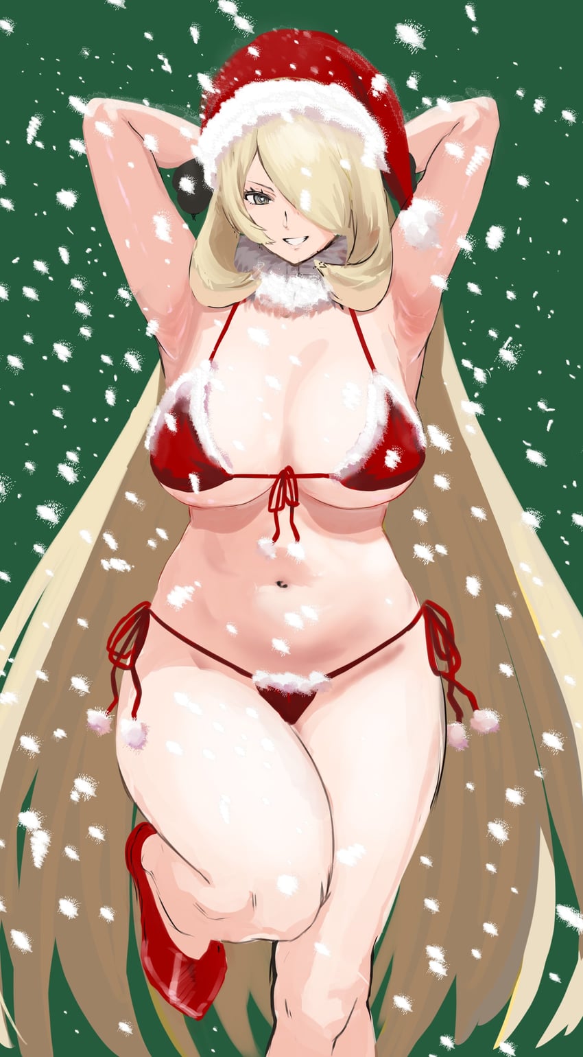 1girls, arm behind head, armpits, awesomeerix, big breasts, blonde hair, bra, breasts, christmas, curvy, cynthia (pokemon), female, female focus, green background, hair ornament, hair over one eye, lingerie, long hair, looking at viewer, micro bikini, navel, pokemon, pokemon dppt, santa bikini, santa hat, side-tie bikini bottom, smile, snow, thick thighs, very long hair
