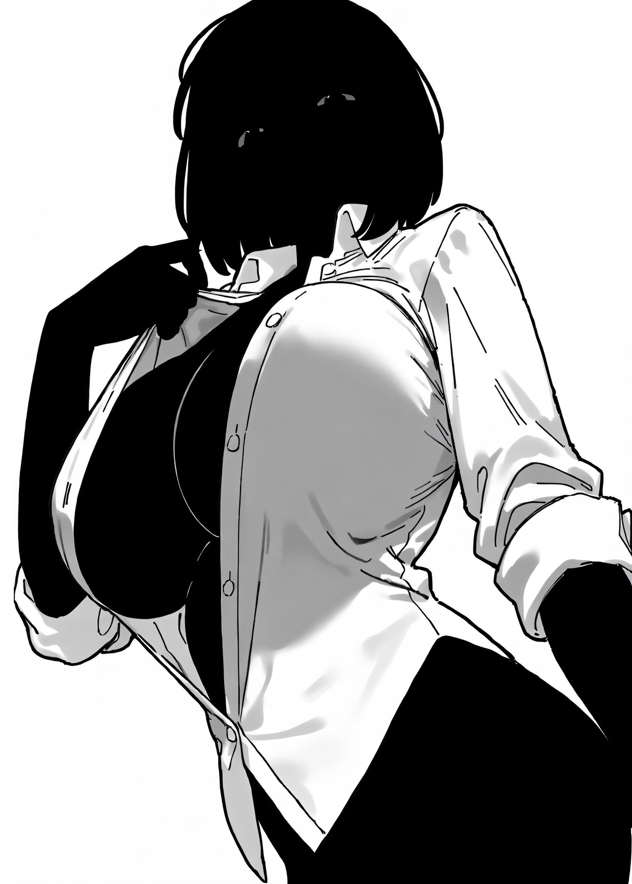 artist request, big breasts, black body, black hair, breasts, dress shirt, female, female only, nate (nate hand gesture), nate hand gesture, open shirt, opening shirt, shirt, shirt only, short hair, solo, solo female, tagme, tagme (artist)