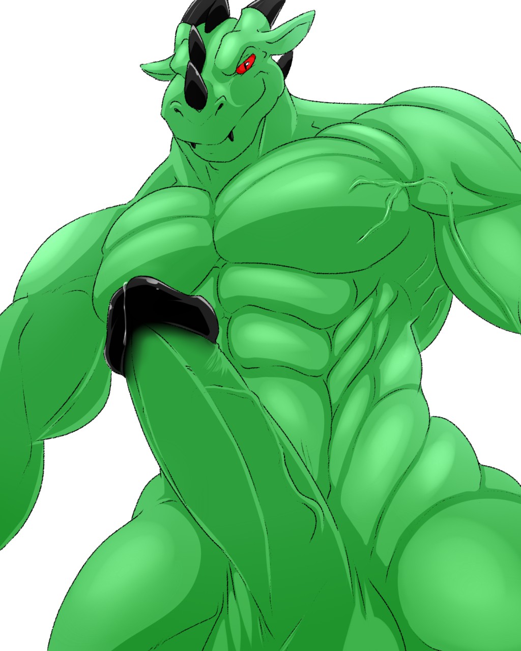 abrahamsillo abs anthro balls biceps big_muscles bodily_fluids casual_erection casual_nudity claws clothed clothing dragon erection genital_fluids genitals green_body green_scales hi_res horn lizard looking_at_viewer male male_only manly muscular muscular_anthro muscular_male nude pecs penis precum proud red_eyes reptile scales scalie smile solo teeth topless varanis_blackclaw vein