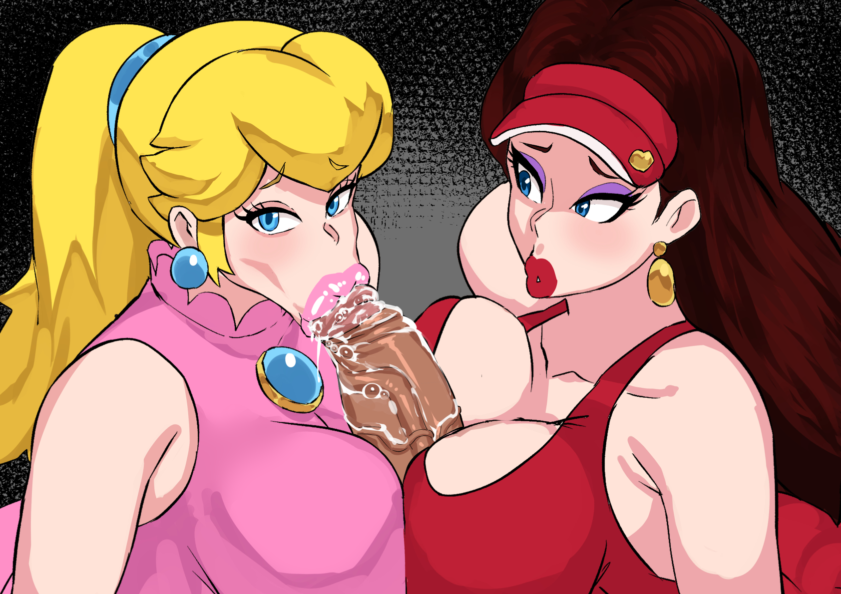 :>=, 2girls, big breasts, big penis, blonde hair, blowjob face, blue eyes, breasts, cock, cyberboi, dick, double paizuri, earrings, fellatio, female, light skin, light-skinned male, lipstick, looking at viewer, makeup, male, mario (series), nintendo, paizuri, pauline, penis, pink lipstick, pov, princess peach, red lipstick, sucking penis, uncensored, unseen male face
