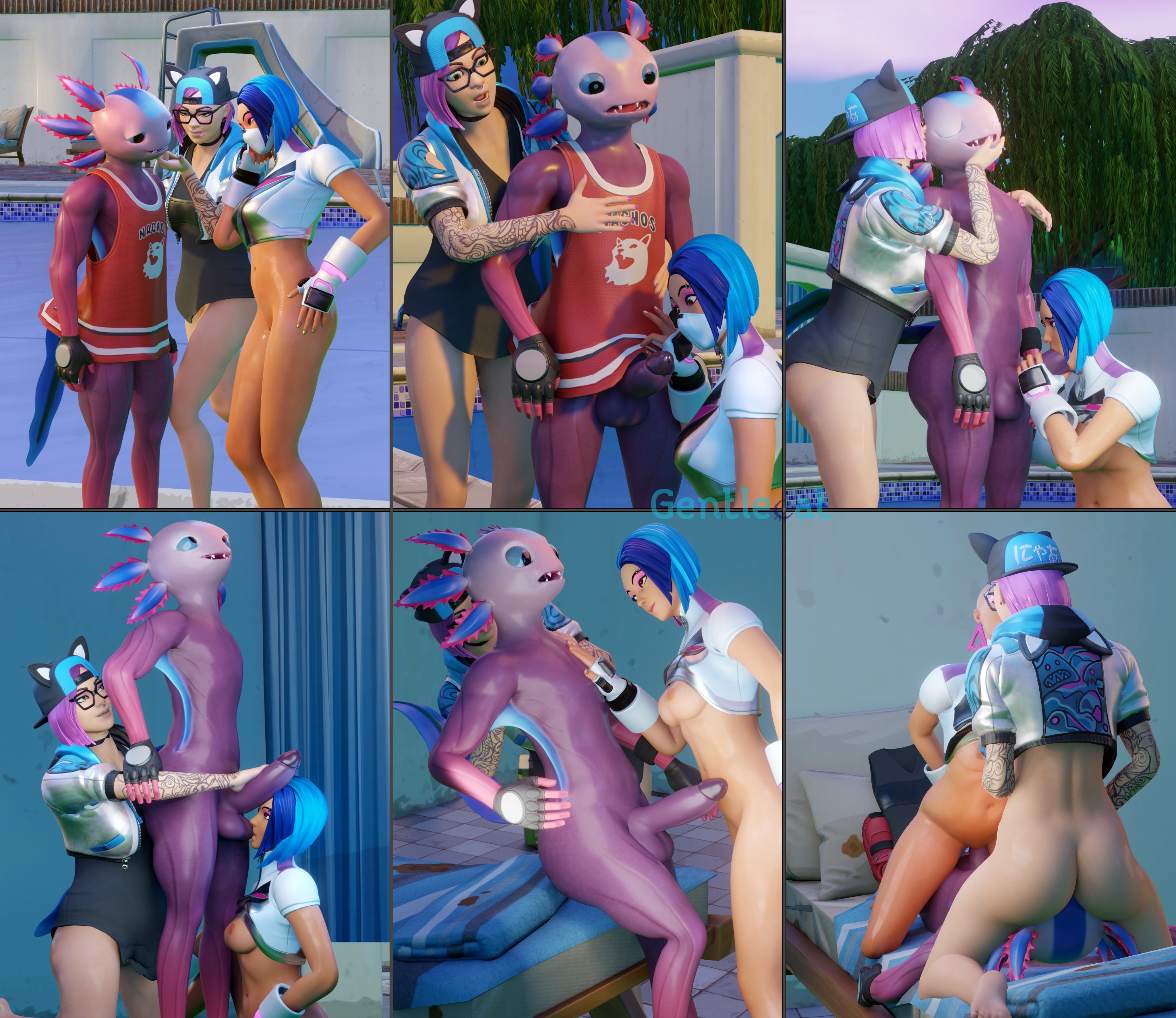1boy, 2girls, ahe gao, axo (fortnite), axolotl, balls, basketball uniform, blowjob, blue hair, blue tail, catalyst (fortnite), comic, cowgirl position, eating pussy, epic games, erection, female, fortnite, gentlecat, hospital bed, human, human female, kissing, lifting shirt, lynx (fortnite), male, no dialogue, penis, pink hair, pool, pushing, pussy, reverse spitroast, striped, sucking balls, sucking penis, sucking testicles, testicles, trio