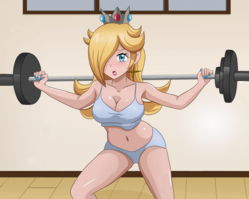 big_breasts blonde_hair blue_eyes blue_nails breasts crown curvy curvy_female earrings female female_only fingernails gym hair_over_one_eye mario_(series) nail_polish nintendo open_mouth pale-skinned_female pink_lipstick princess princess_rosalina shablagooo silver_crown solo solo_female star_earrings super_mario_galaxy tongue workout workout_clothes