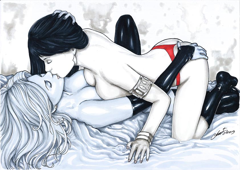 2girls, ass, ass grab, big breasts, black hair, breast press, breasts, chaos comics, coffin comics, crossover, death (personification), dynamite comics, earrings, elbow gloves, eyelashes, eyeliner, female, female focus, female only, grim reaper, hi res, highres, hm1art, hug, kissing, lady death, latex, lingerie, long hair, makeup, nail polish, panties, queen of the dead, signature, stockings, text, thong, vampirella, vampirella (series), voluptuous female, white hair, white skin, yuri