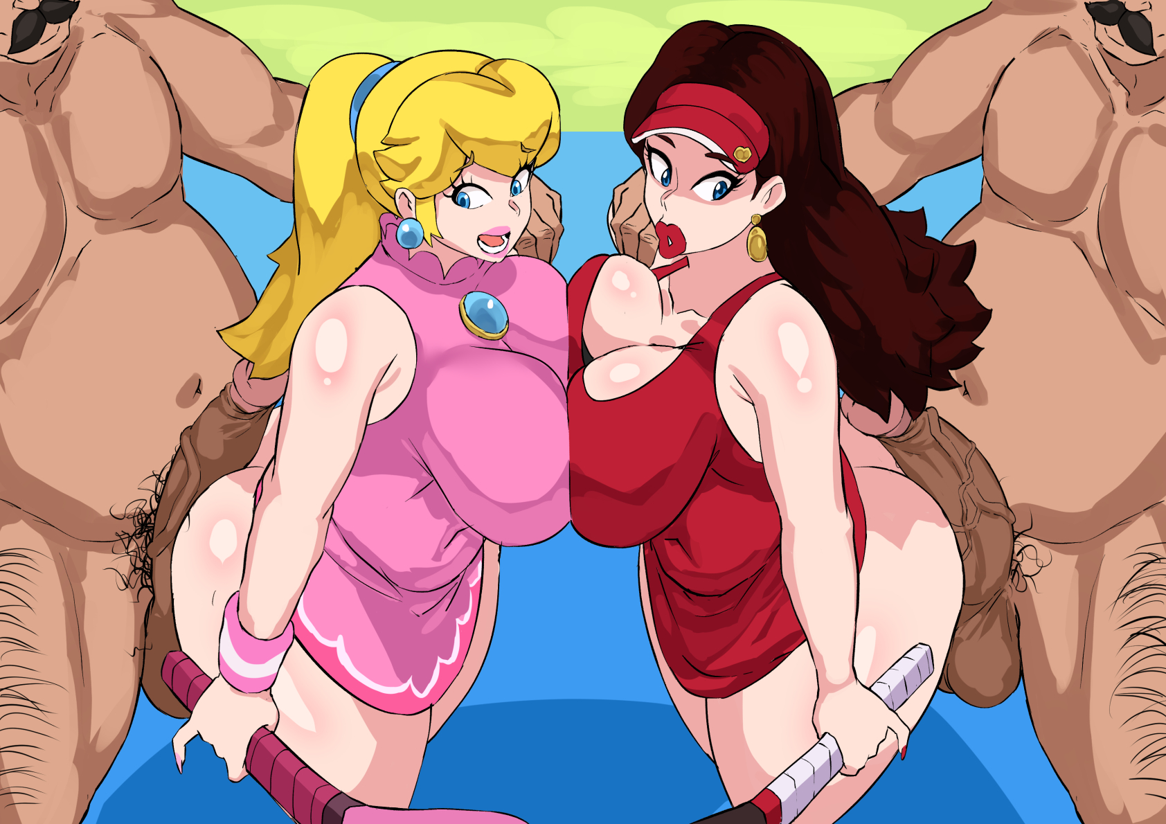 2boys, 2girls, big breasts, bimbo, blonde hair, breasts, brown hair, clothed female nude male, clothing, cyberboi, faceless male, female, large breasts, light skin, light-skinned male, male, mario (series), mario tennis, multiple boys, multiple females, multiple girls, multiple males, nintendo, nude, outdoors, pauline, ponytail, princess peach, standing, tennis uniform, visor cap