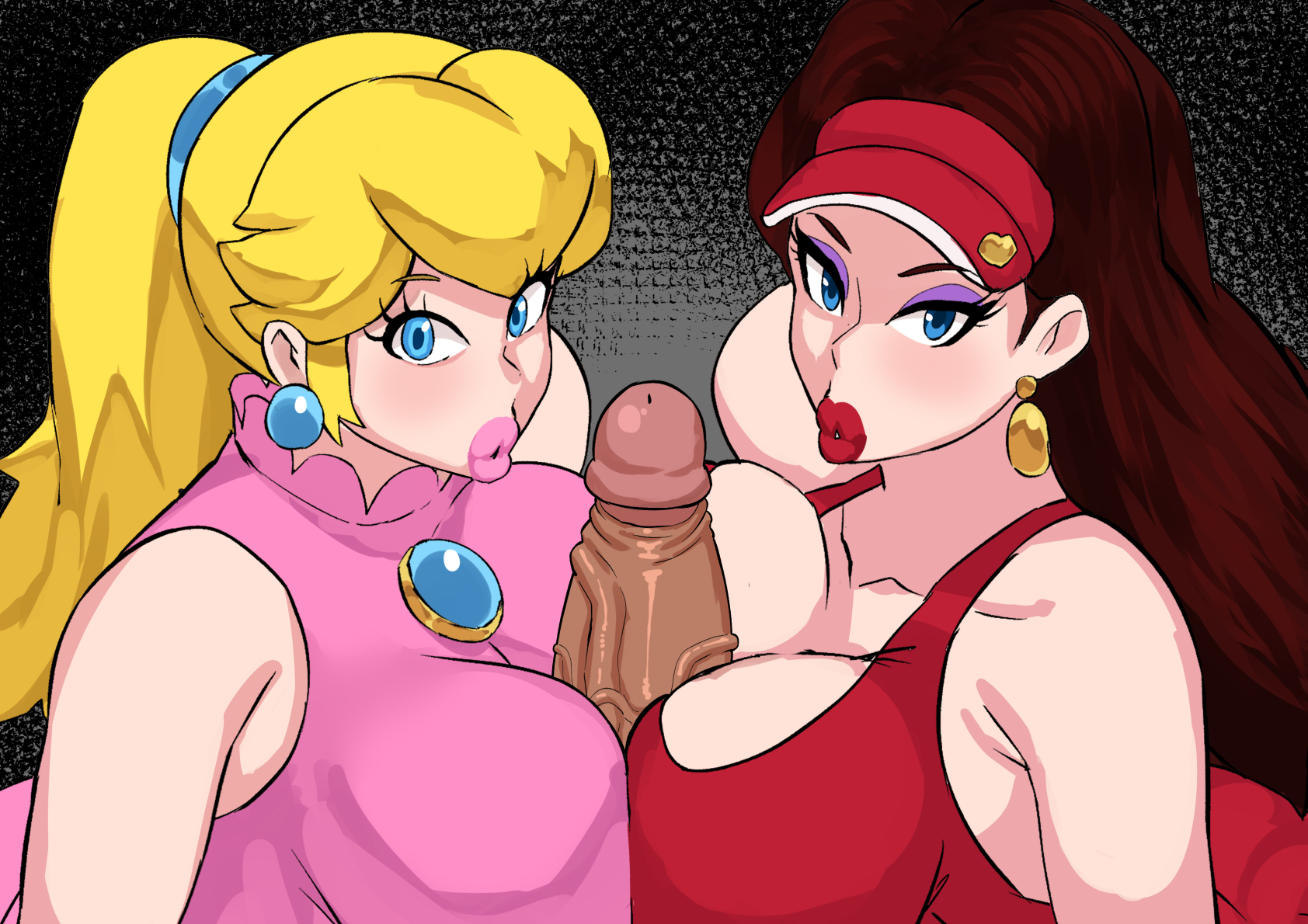 1boy, 2girls, big breasts, big penis, blonde hair, blue eyes, breasts, brown hair, clothed female, clothed paizuri, cock, cyberboi, dick, double paizuri, earrings, female, imminent fellatio, imminent oral, imminent sex, light skin, light-skinned male, male, mario (series), mario tennis, multiple females, multiple girls, nintendo, pauline, penis, pink lips, pink lipstick, princess peach, red lips, red lipstick, tagme, uncensored, unseen male face