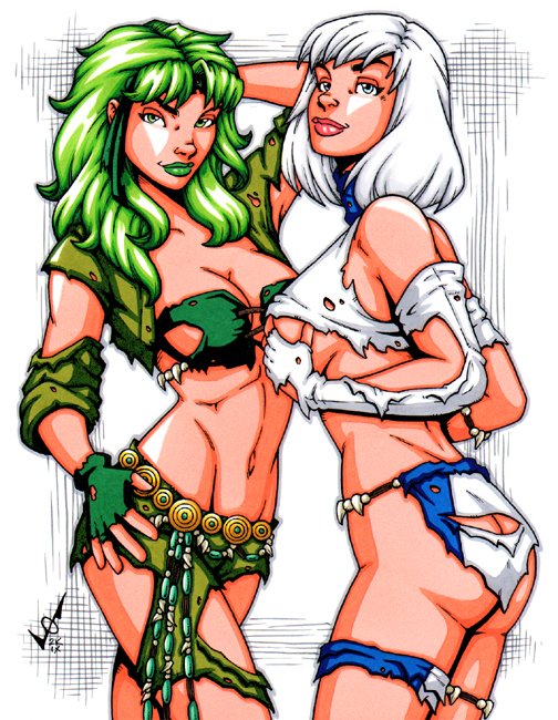 2001 2girls ass bare_midriff beatriz_da_costa breast_grab breasts covering_breasts dc_comics fire_(dc) garrett_blair green_hair ice_(dc) justice_league justice_league_international savage_land silver_hair tora_olafsdotter torn_clothes white_hair