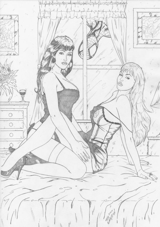 00s 2000s 2006 female gwen_stacy gwen_stacy_(classic) marvel mary_jane_watson monochrome multiple_girls nipples spider-man spider-man_(series) straight_hair tim_grayson yuri