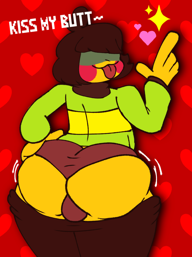 1boy, ass, big ass, big butt, brown hair, deltarune, fat ass, fat butt, femboy, heart, huge ass, huge butt, kris (deltarune), looking at viewer, male, male only, mooning, scritdrawslewds, solo, text, thick ass, thick butt, toby fox, tongue, tongue out