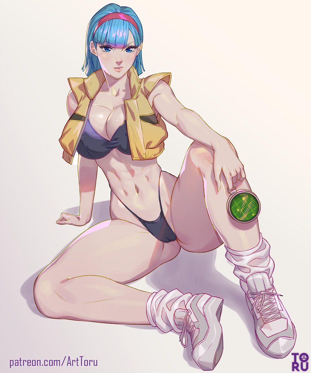 abs adapted_costume arm_support artist_name arttoru bangs bare_shoulders bikini black_bikini blue_eyes blue_hair breasts bulma_briefs bulma_briefs_(frieza_saga) cleavage closed_mouth cropped_jacket dragon_ball dragon_ball_z dragon_radar eyebrows_visible_through_hair female full_body gradient gradient_background hairband highleg highleg_bikini highres holding large_breasts lips looking_at_viewer navel open_clothes red_hairband shadow shiny shiny_skin shoes short_hair signature simple_background sitting sleeveless sleeveless_jacket sneakers socks solo stomach swimsuit white_legwear