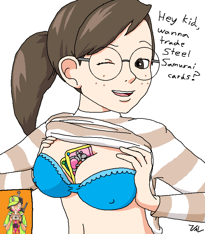 1girls ace_attorney between_breasts bra brown_eyes brown_hair brunette capcom cleavage cody_hackins freckles glasses gyakuten_saiban nerd nipples_visible_through_clothing object_between_breasts penny_nichols pointy_chin ponytail shirt_lift shirt_up trading_cards val_(artist) wink