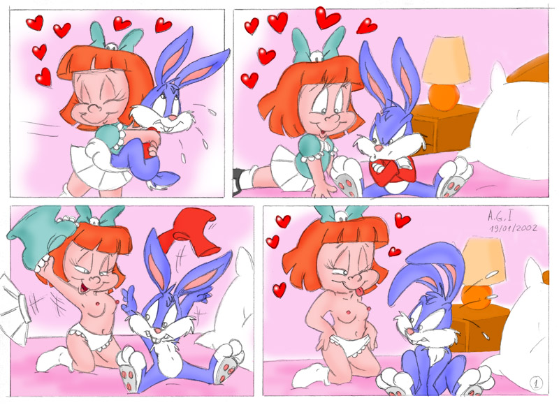 a.g.i. anthro buster_bunny cub elmyra_duff female fur furry human male mammal panties rabbit red_hair skirt straight tiny_toon_adventures topless undressing young