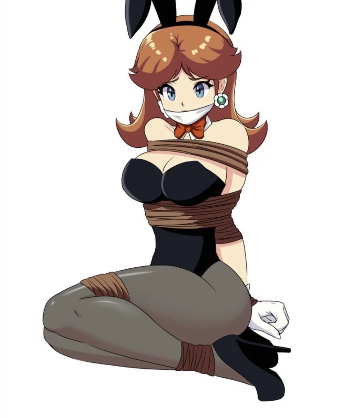 1girls, arms behind back, bondage, bunny daisy, bunny ears, bunny girl, bunnysuit, female, female only, femsub, full body, gag, gagged, mario (series), nuart.3a2, princess daisy, rope, rope bondage, simple background, solo, super mario land, super mario land 2, white background