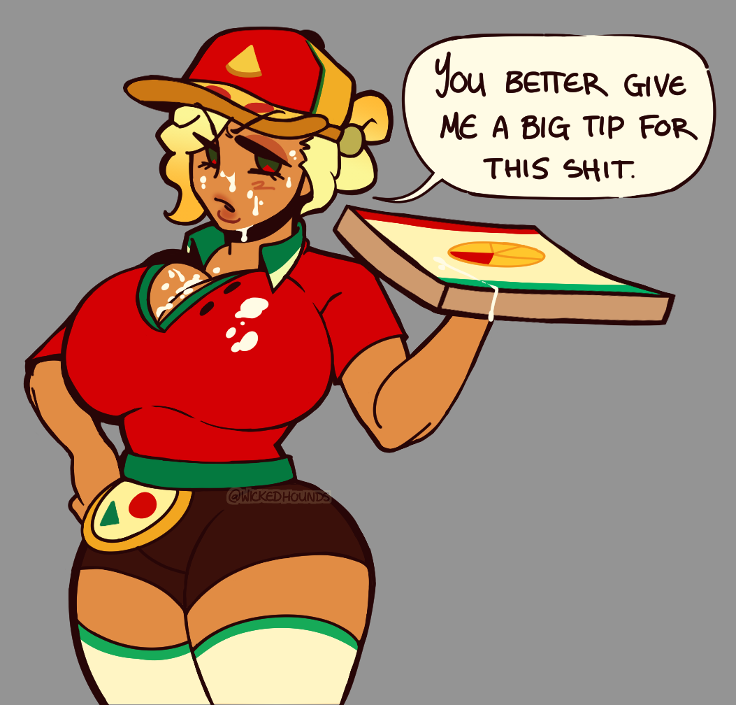 after_fellatio big_breasts cookie_run cum cum_on_breasts cum_on_clothes cum_on_face curvaceous dialogue huge_breasts pizza_box pizza_cookie pizza_delivery poltergush thick_thighs