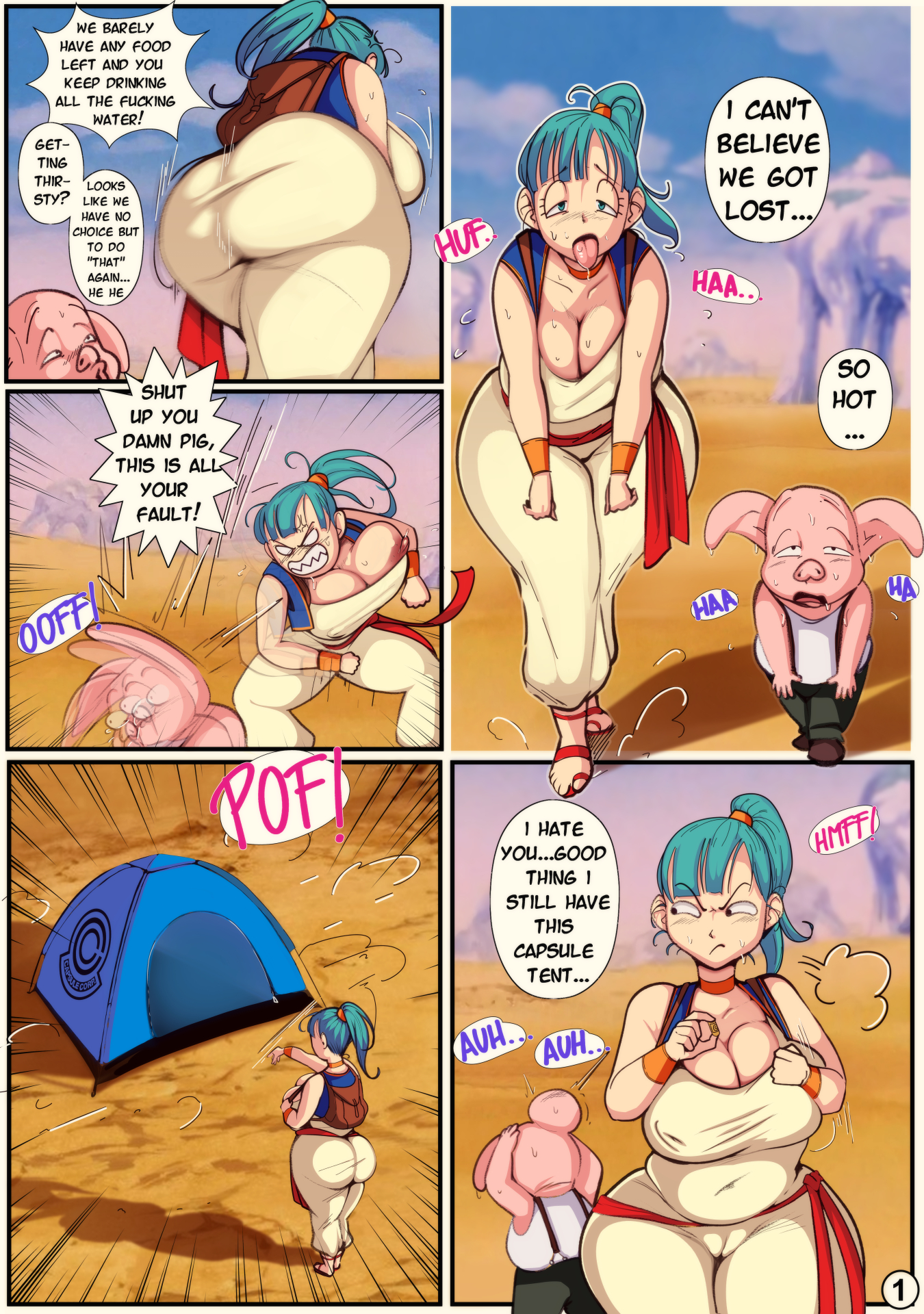 1boy, 1girls, anthro, ass, bangs, big ass, big breasts, big butt, bigger female, bittercream, blue hair, breasts, bubble ass, bubble butt, bulma briefs, busty, cleavage, comic, curvy, dialogue, dragon ball, dragon ball (classic), dragon ball z, dress, english text, fat ass, female, hi res, high resolution, highres, huge ass, large ass, large breasts, larger female, light skin, light-skinned female, looking at ass, male, male/female, oolong, outdoors, outside, page 1, ponytail, secretly loves it, shorter male, shounen jump, size difference, smaller male, speech bubble, straight, sweat, sweatdrop, sweaty body, tagme, text, thick ass, thighs, voluptuous