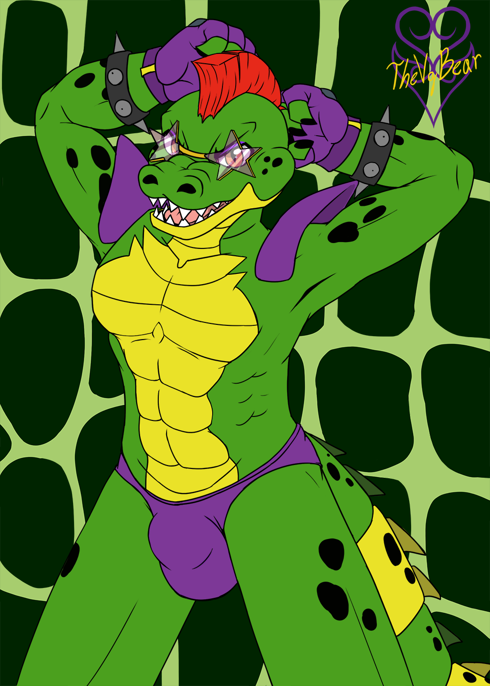 alligator alligatorid animatronic anthro bulge clothing crocodilian detailed_bulge eyewear fingerless_gloves five_nights_at_freddy's five_nights_at_freddy's:_security_breach flaccid glasses gloves green_body hair handwear hi_res looking_at_viewer machine male male_only mohawk montgomery_gator_(fnaf) muscular muscular_anthro muscular_male pecs red_eyes red_hair reptile robot scalie scottgames shoulder_pads smile solo speedo sunglasses swimwear teeth thevgbear vein video_games