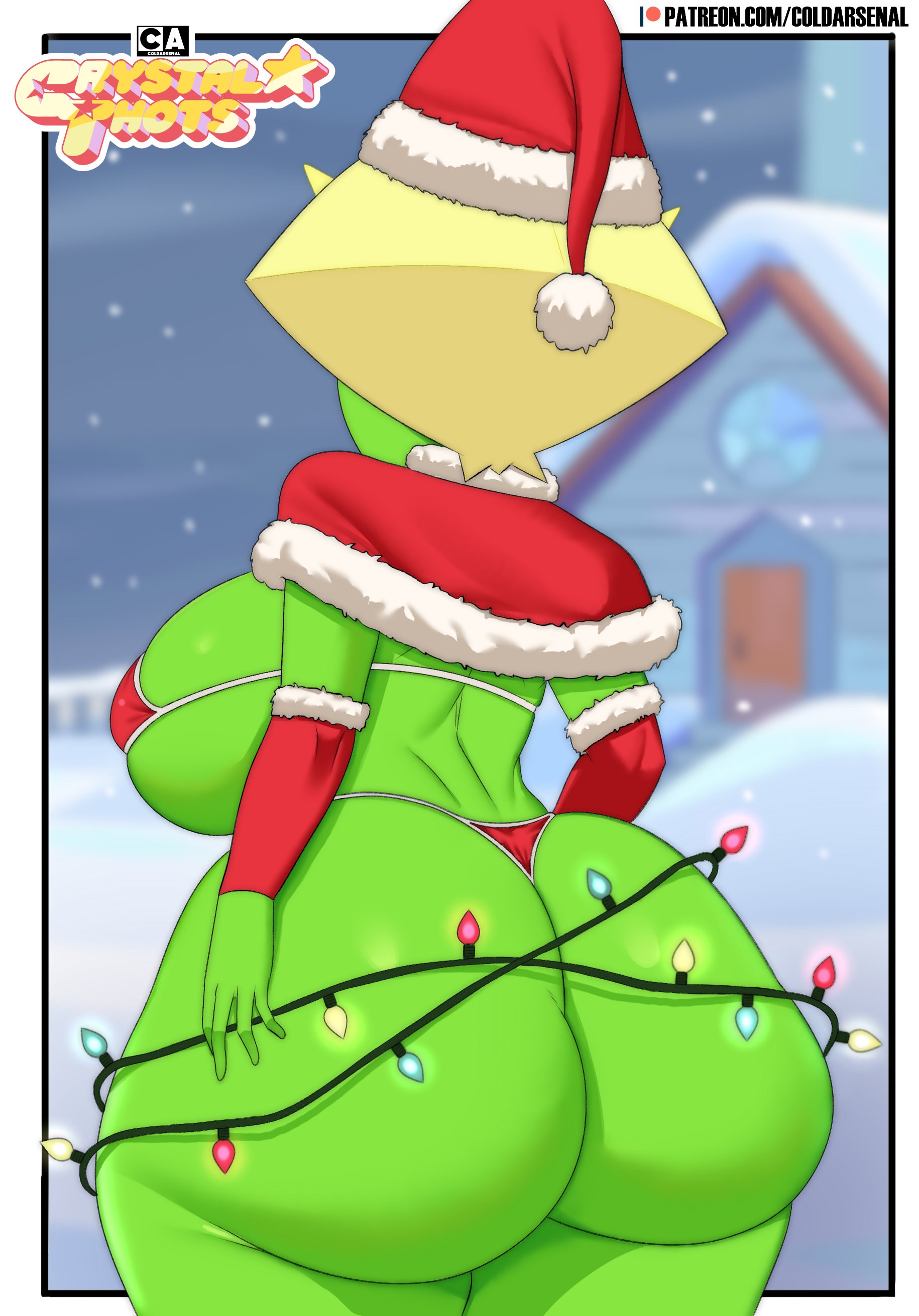 1girls, ass, big ass, big breasts, big butt, bikini, breasts, christmas, christmas lights, cleavage, clothed, clothing, coldarsenal, crystal thots, female, female only, gem (species), green body, green skin, house, large ass, large breasts, outdoors, outside, panties, peridot (steven universe), santa hat, snow, snowing, solo, solo female, standing, steven universe, steven universe future, thick thighs, wide hips