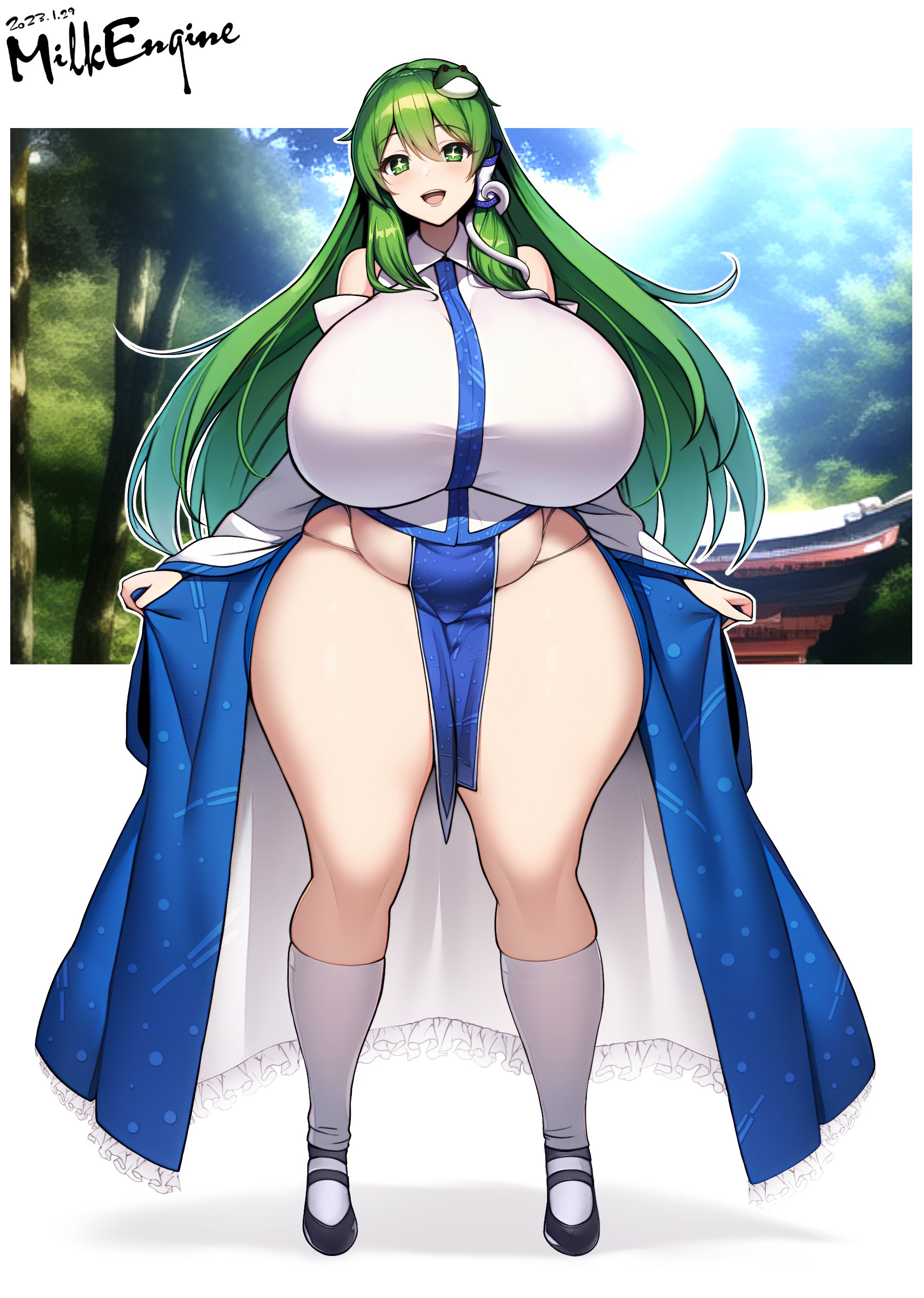 1girls, big breasts, breasts, chubby, chubby female, female, green hair, huge breasts, kyosuke fujiwara, milk engine, sanae kochiya, thick thighs, touhou, wide hips