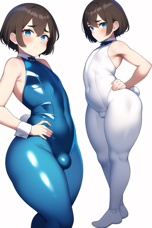 1boy, ai generated, blue eyes, blush, brown hair, bulge, bunny tail, bunnysuit, femboy, hand on hip, looking at viewer, male, smile, standing, tagme, trap, twink, wrist cuffs