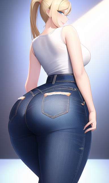 1girls ai_generated ass ass_focus big_ass big_butt bimbo blonde_hair blue_eyes curvy curvy_figure denim female female_only gigantic_ass high_waisted_pants huge_ass huge_breasts jeans large_ass looking_at_viewer metroid nai_diffusion nintendo ponytail round_ass samus_aran seductive_smile shiny_hair solo solo_female stable_diffusion thick_ass voluptuous white_tank_top wide_hips