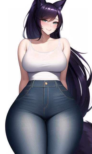 ahri ai_generated blue_eyes curvy curvy_figure fox_ears high_waisted_pants huge_ass huge_breasts huge_hips jeans league_of_legends long_hair looking_at_viewer nai_diffusion purple_hair seductive_smile shiny_hair stable_diffusion thick_thighs voluptuous white_tank_top wide_hips