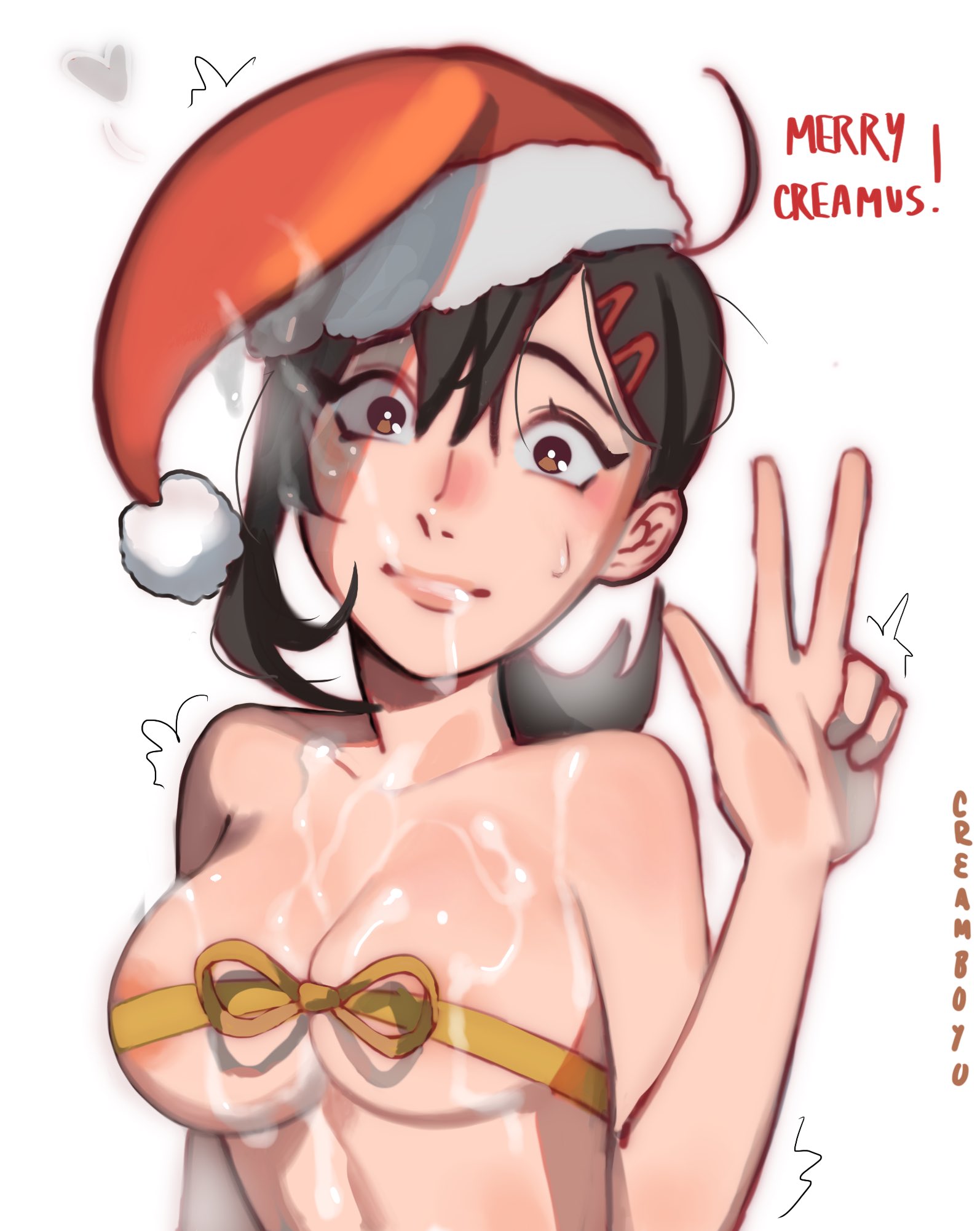 1girls, after fellatio, after sex, big breasts, black hair, blush, bow, breasts, brown hair, brown-haired female, chainsaw man, christmas, creamboyo, cum, cum in mouth, cum on breasts, english text, eye contact, female, female only, higashiyama kobeni, looking at viewer, peace sign, santa hat, solo, text, upper body