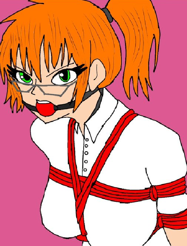 1girls angry_eyes angry_face ball_gag clothed clothing female female_only fully_clothed glasses green_eyes masterhentai666xxx orange_hair ponytail rope rope_bondage shinafune_(zarah) solo white_shirt