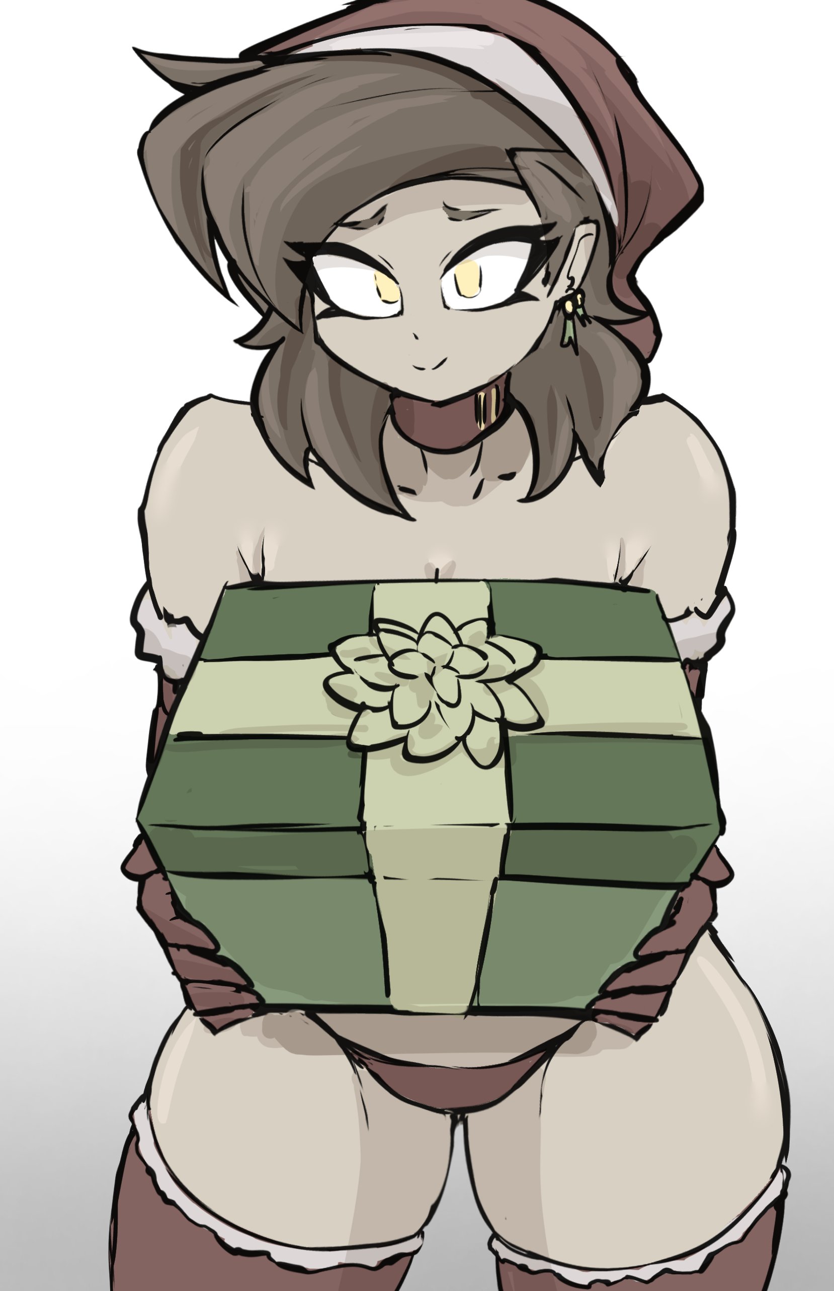1girls, armwear, big breasts, breasts, breasts in box, breasts obscured, brown hair, christmas, earrings, elbow gloves, female, grey skin, hair, holding object, kyurby (zzzhodazzz), legwear, looking at viewer, panties, present, santa hat, solo, tagme, thick thighs, thighhighs, thighs, yellow eyes, zzzhodazzz