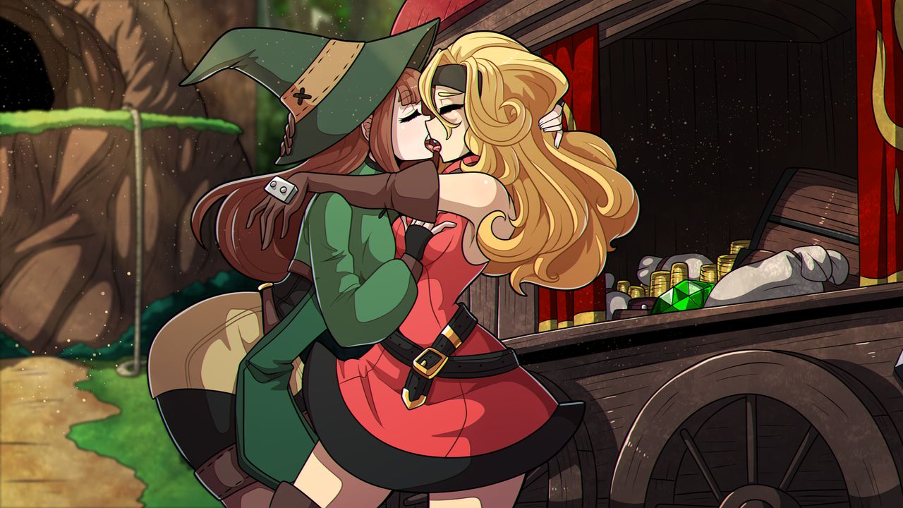 2girls, belt, blonde hair, brown hair, female, groping, hand on head, kinkymation, kissing, lesbian, making out, original, original character, passionate, treasure, witch hat, yuri