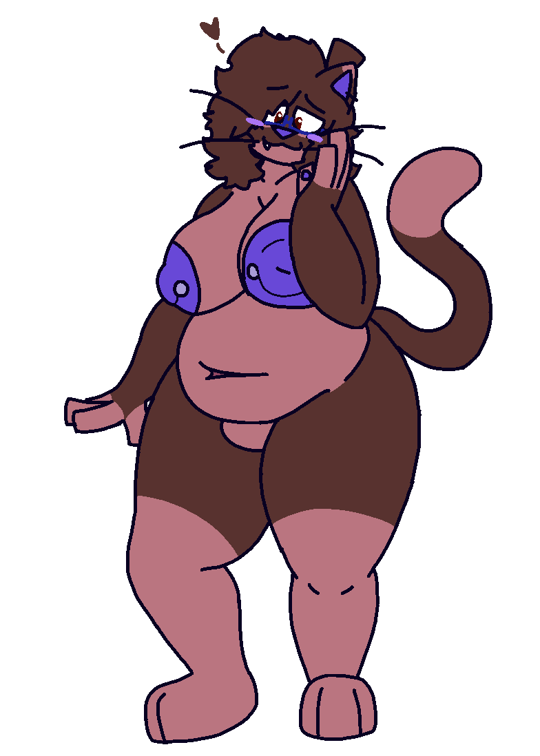 1girls amber_(felineflustered) anthro belly blush breasts brown_body brown_fur domestic_cat ear_piercing eyewear felid feline felineflustered felis female fur glasses mammal nipple_piercing nipples nude null_bulge pawpads piercing purple_nipples purple_pawpads solo thick_thighs