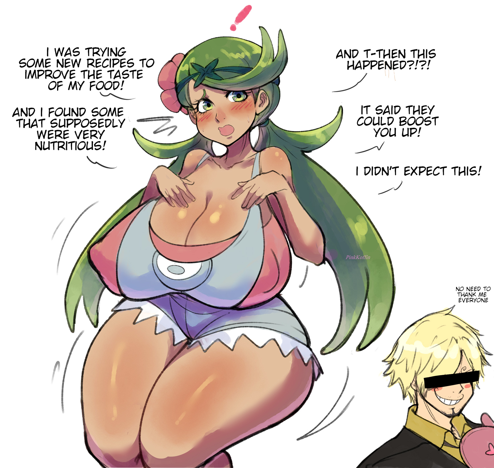 1boy, 1girls, alternate breast size, blonde hair, breasts, brown skin, cleavage, crossover, dark skin, dark-skinned female, english text, female, green eyes, green hair, huge breasts, large breasts, light skin, light-skinned male, long hair, male, mallow (pokemon), nintendo, one piece, overalls, pinkkoffin, pokemon, pokemon sm, pokemon trainer, text, thick thighs, thighs, vinsmoke sanji, white background, wide hips