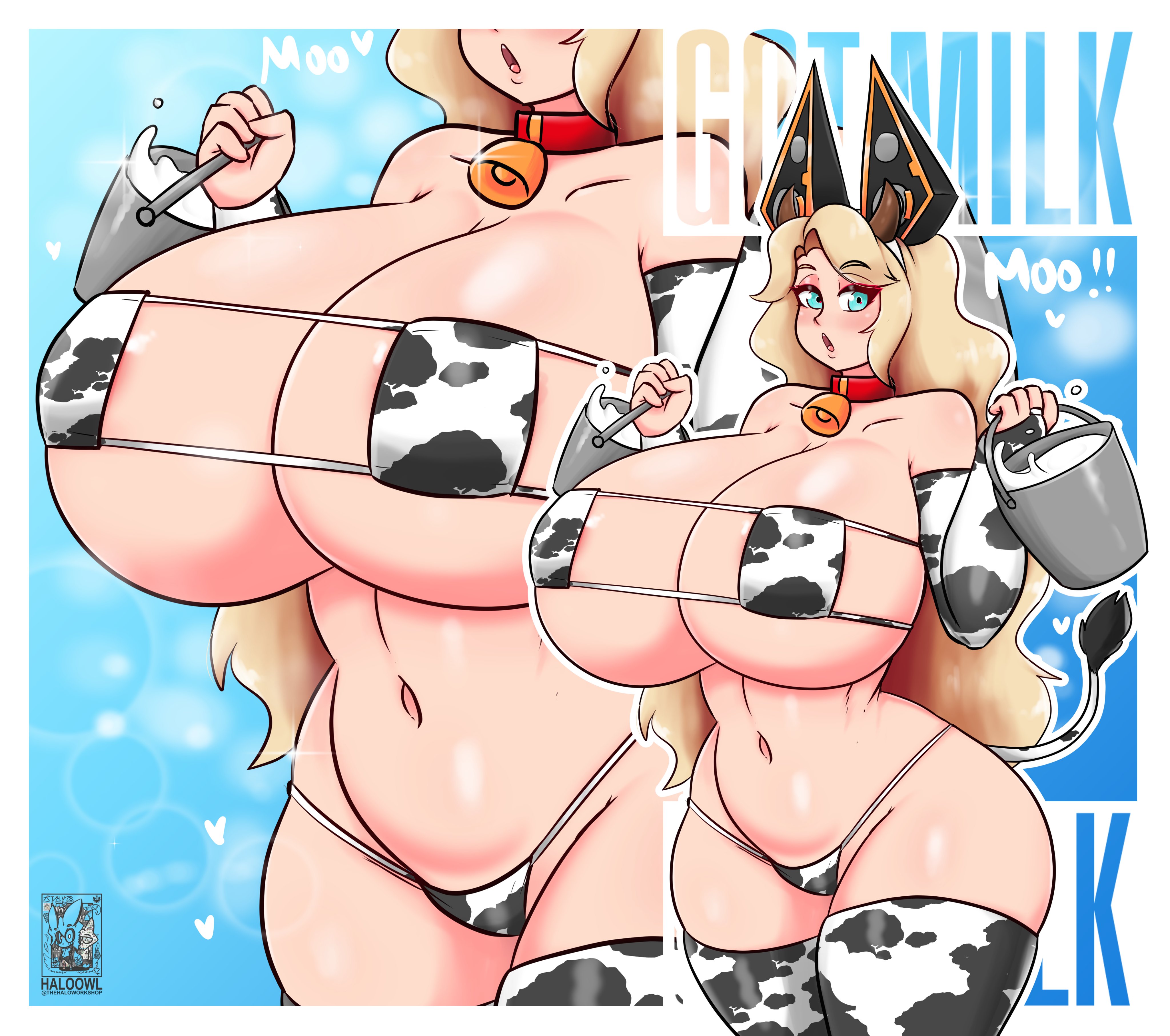 blonde hair, breasts, cow bikini, cow print, cowkini, female, haloowl, huge breasts, lily (haloowl), long hair, original, tagme, thighs