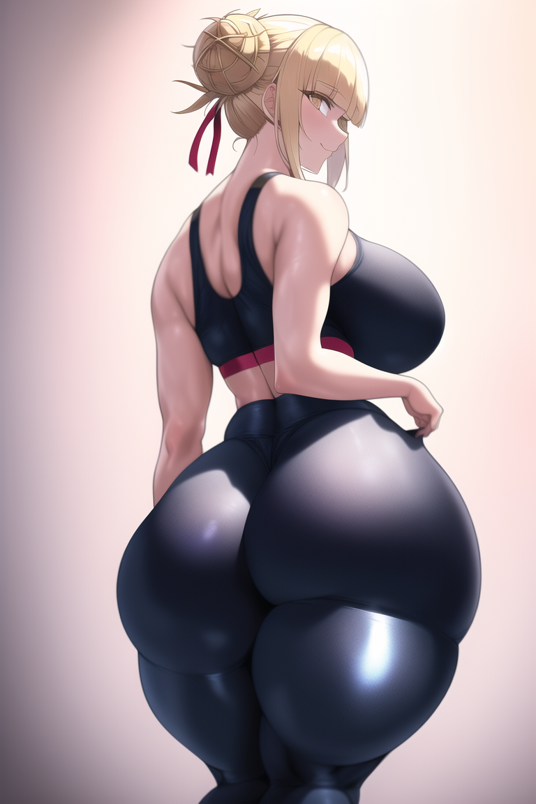 1girls, 2022, ai generated, ass, big ass, big breasts, blonde hair, breasts, female, female only, gym, gym uniform, himiko toga, huge ass, huge breasts, looking at viewer, looking back, my hero academia, shiny clothes, stable diffusion, thick thighs, tight clothing