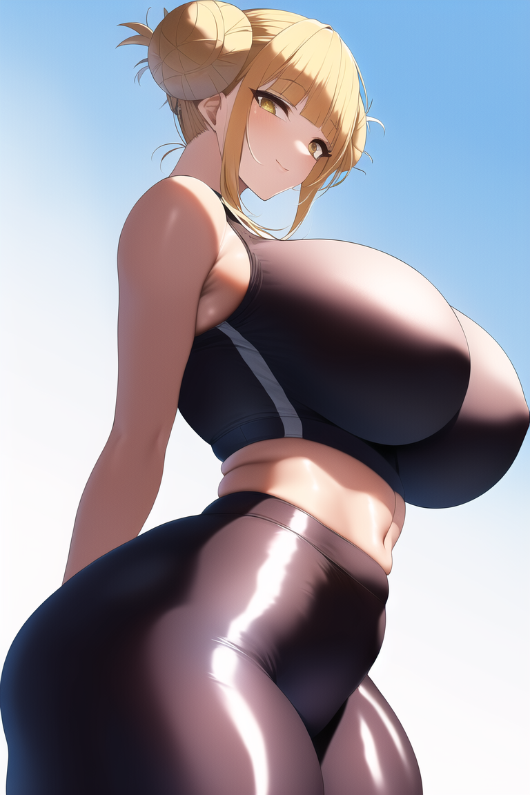 1girls, 2022, ai generated, ass, big ass, big breasts, blonde hair, breasts, female, female only, gigantic breasts, gym uniform, himiko toga, huge ass, huge breasts, looking at viewer, my hero academia, smile, smiling, stable diffusion, tight clothing