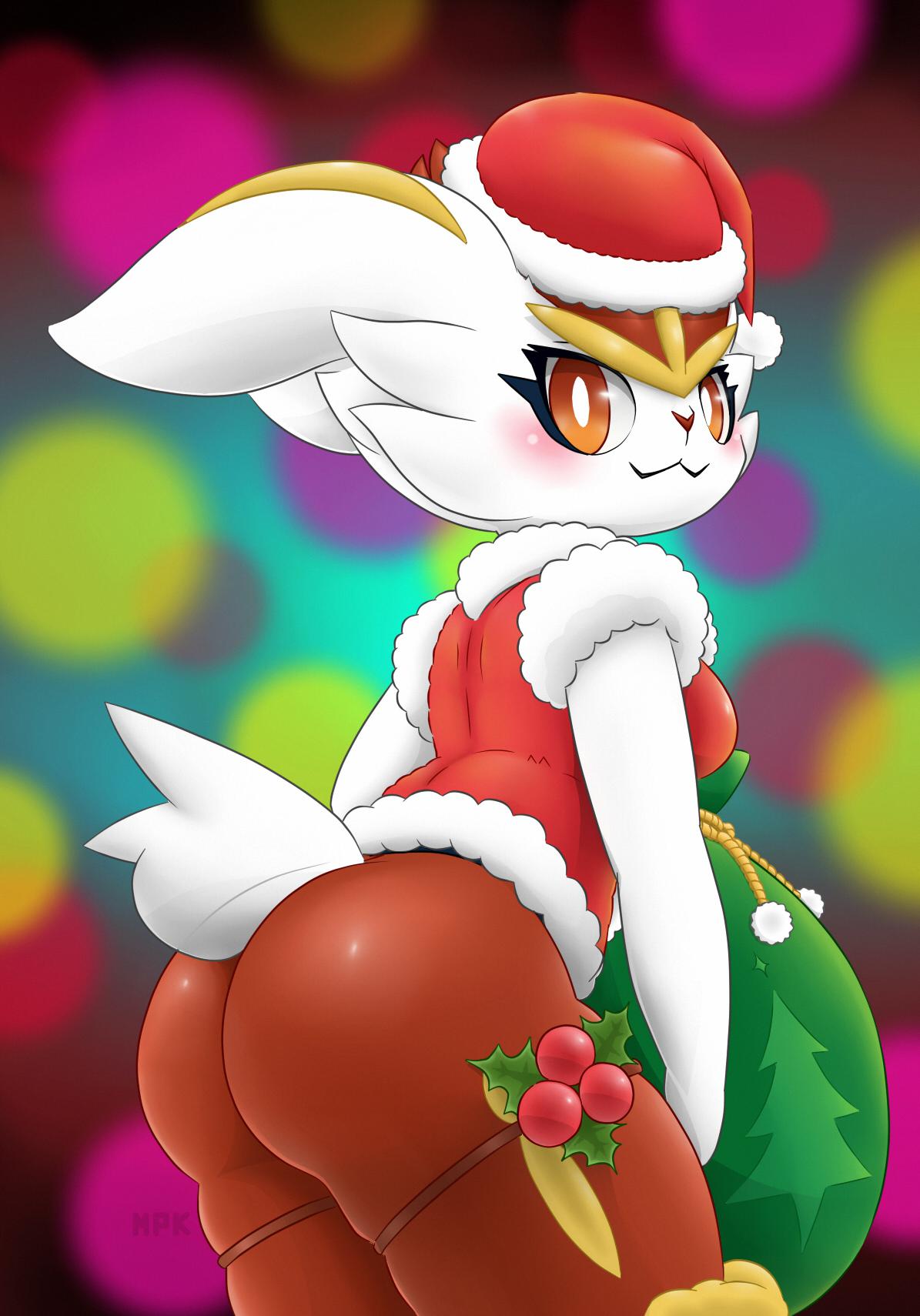 :3 anthro ass blush christmas cinderace clothing female female_cinderace fullfolka fur furry furry_only hi_res looking_back nintendo pokémon_(species) pokemon solo tail