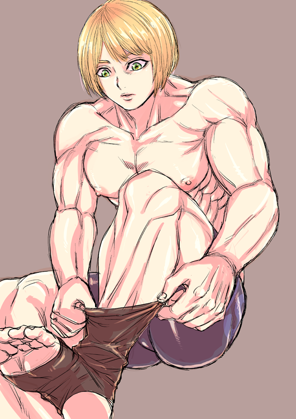 ambush_(trap) bike_shorts bishonen bishounen blonde_hair bob_cut dressing green_eyes gyogyogyotto imai_cosmo kengan_(series) kengan_ashura male male_only muscular muscular_male sitting soles solo sportswear stirrup_legwear tight_clothing tight_pants topless topless_male twunk