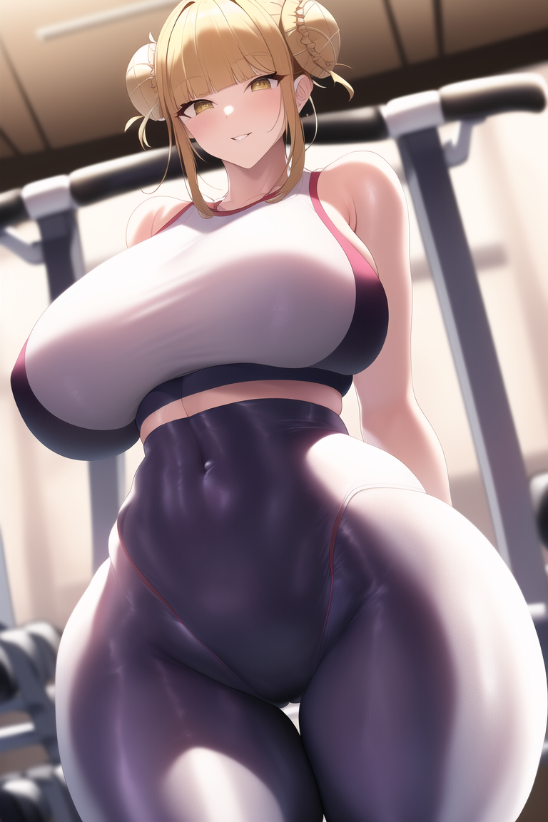 1girls, 2022, ai generated, big breasts, blonde hair, breasts, female, female only, gym, gym uniform, himiko toga, huge breasts, looking at viewer, looking down, muscular, muscular female, my hero academia, stable diffusion, thick thighs, tight clothing