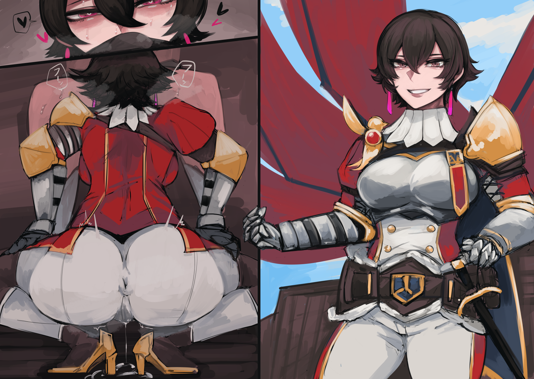 anus, armor, asamegasame, ass, backboob, black hair, breasts, earrings, fellatio, female, fiorayne, heart-shaped pupils, horny, horny female, huge ass, implied fellatio, implied oral, large breasts, monster hunter, monster hunter rise, pussy, short hair, squatting, straight, violet eyes, wet pussy