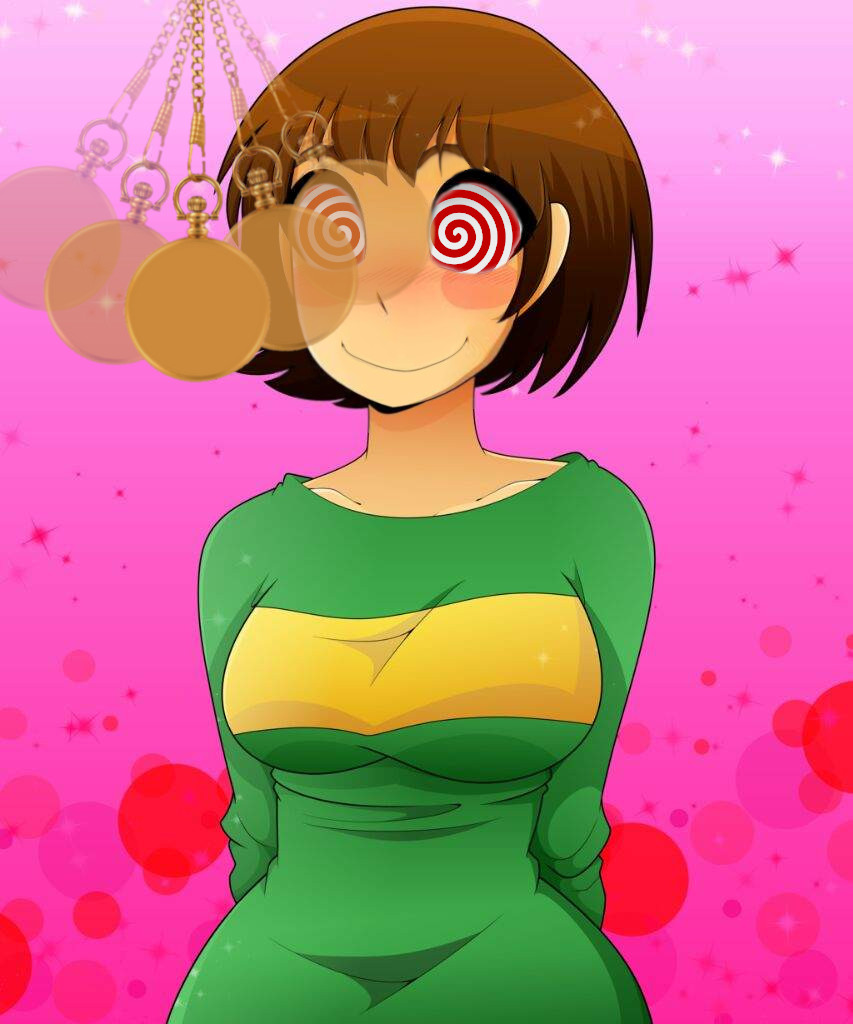 1girls, 2d, big breasts, breasts, chara, female, female chara, hypnosis, mind control, pendulum, smile, solo, spiral eyes, tagme, undertale, undertale (series)