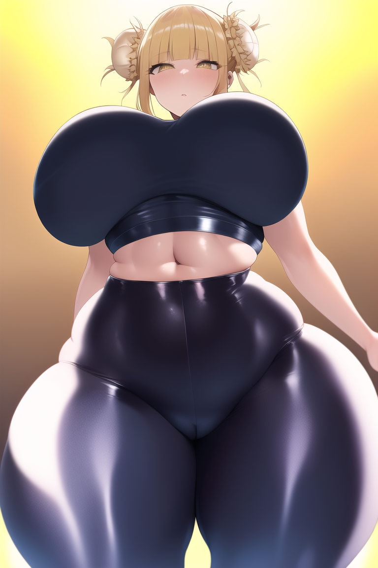 1girls, 2022, ai generated, big breasts, blonde hair, breasts, female, female only, gigantic breasts, gym uniform, himiko toga, huge breasts, looking at viewer, looking down, my hero academia, nai diffusion, shiny clothes, stable diffusion, thick thighs, tight clothing