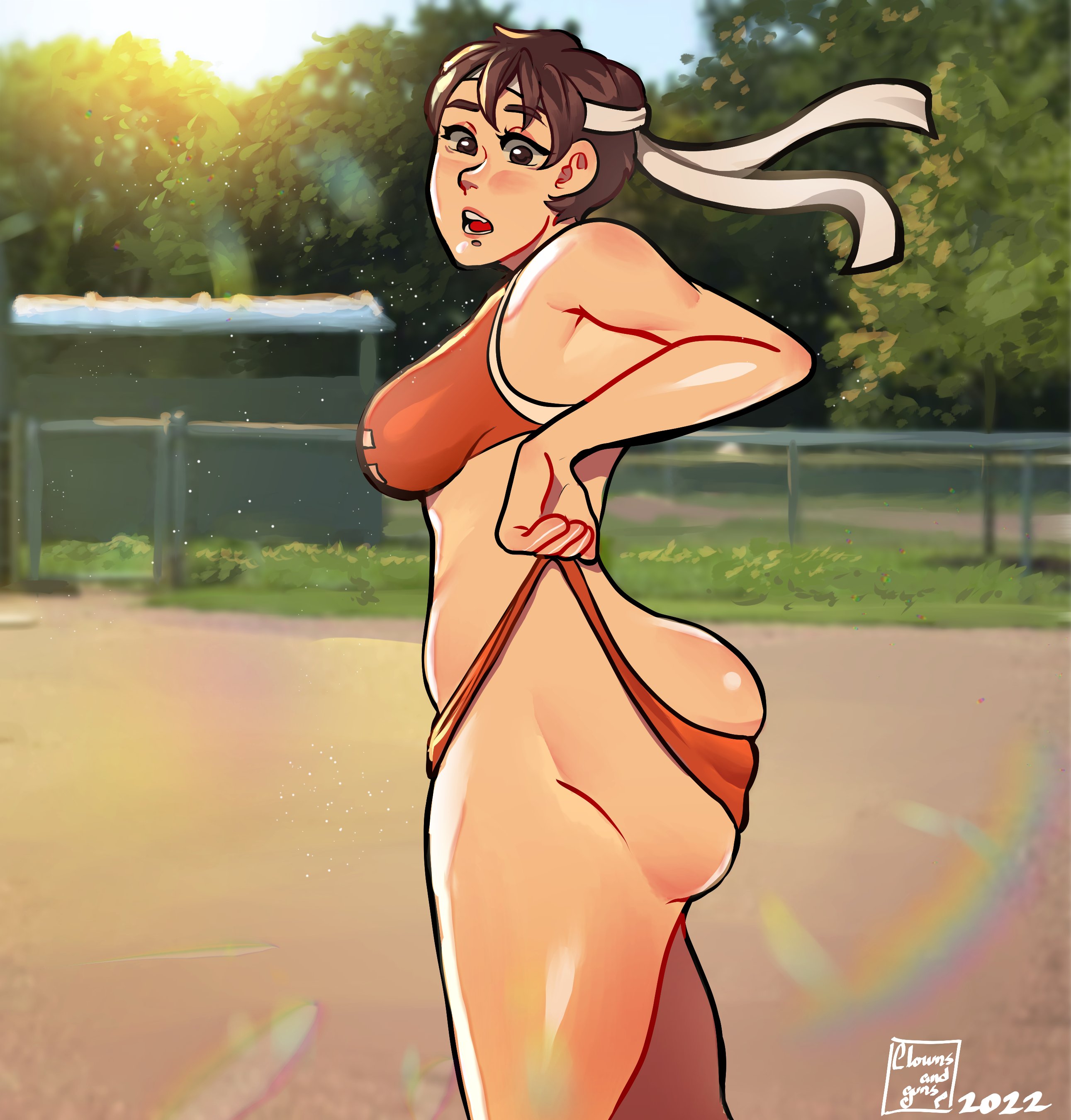 2022, ass, bad id, bad twitter id, big ass, big butt, blush, breasts, brown eyes, brown hair, bubble ass, bubble butt, capcom, clownsnguns, female, female focus, female only, sakura kasugano, short hair, street fighter, thick thighs, thighs, tight clothing, tomboy, track suit, wardrobe malfunction