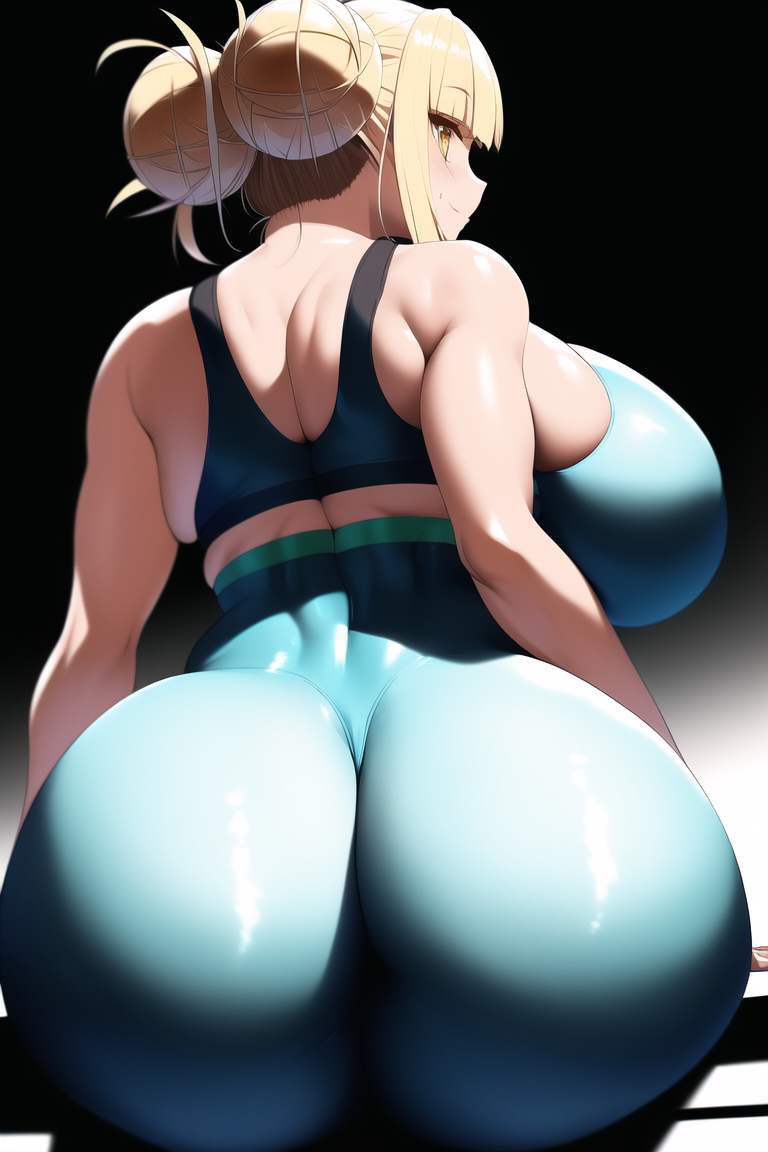 1girls, 2022, ai generated, ass, ass focus, big ass, big breasts, blonde hair, breasts, female, female only, gigantic ass, gigantic breasts, gym, gym uniform, himiko toga, huge ass, huge breasts, looking at viewer, looking back, muscular, muscular female, my hero academia, stable diffusion, thick, thick ass, thick thighs, tight clothes, tight clothing, wide hips