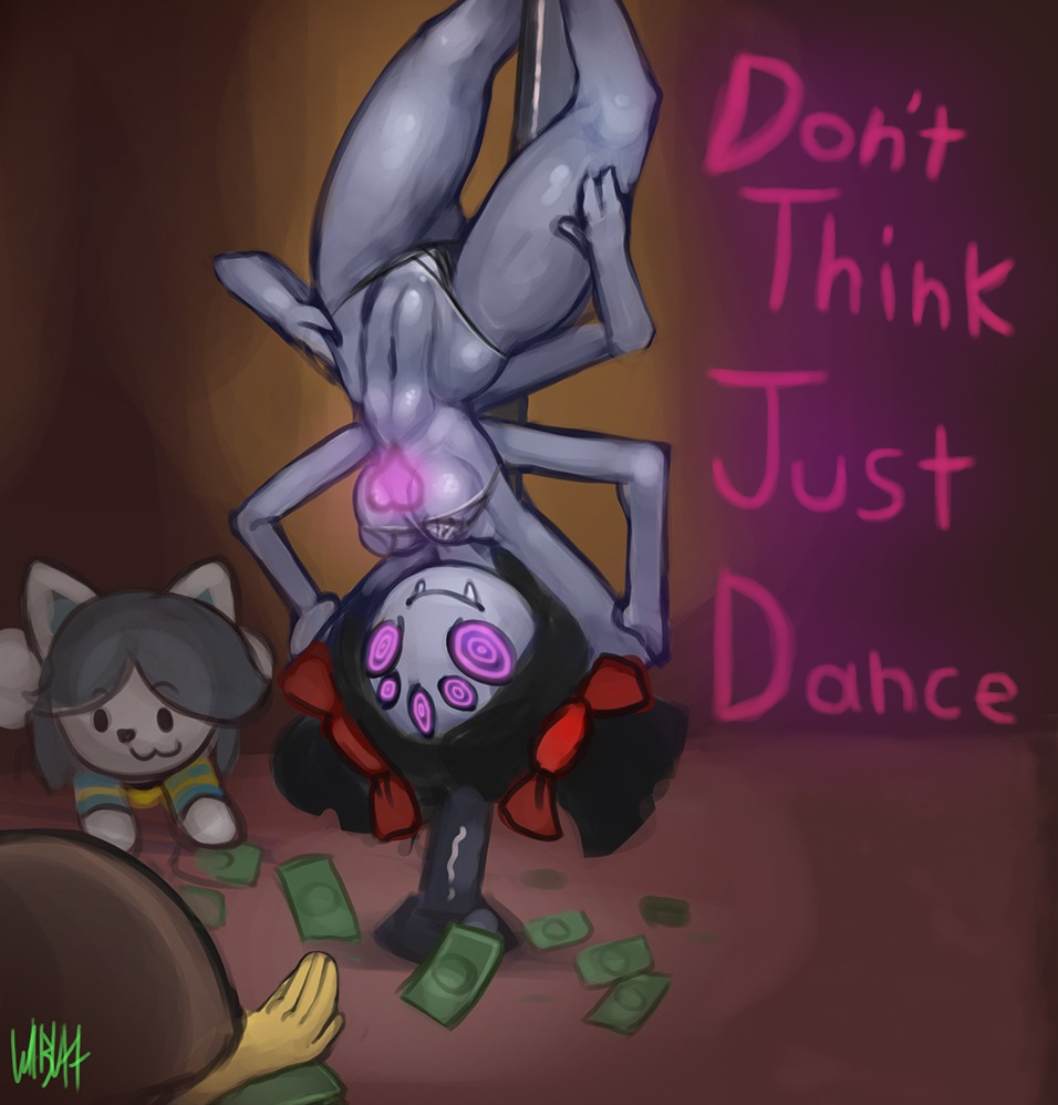 female, frisk, humiliation, hypnosis, mind control, muffet, pole, pole dancing, spider girl, spiral eyes, stripper, stripper pole, tagme, temmie (undertale), undertale, undertale (series), upside-down