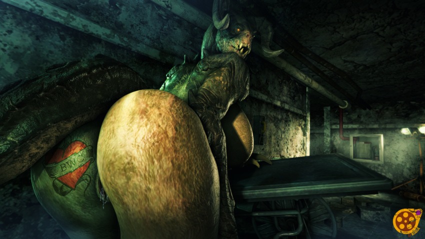 2022, 3d, 3d (artwork), 3d model, anthro, bent over, bent over table, deathclaw, fallout, female, female deathclaw, horns, leaking pussy, looking at viewer, looking back, monster, monster girl, no artist, no source, pussy, xenophilia