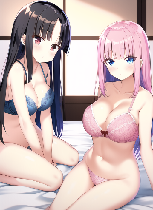 2girls, ai generated, bed, bedroom, big breasts, black hair, blue bra, blue eyes, blush, bra, breasts, female, female only, fujiwara chika, half naked, human, kaguya-sama wa kokurasetai ~tensai-tachi no renai zunousen~, long hair, looking at viewer, medium breasts, multiple females, multiple girls, panties, pink bra, pink hair, pink panties, pov, red eyes, shinomiya kaguya, sitting on bed, size difference, stable diffusion, underwear