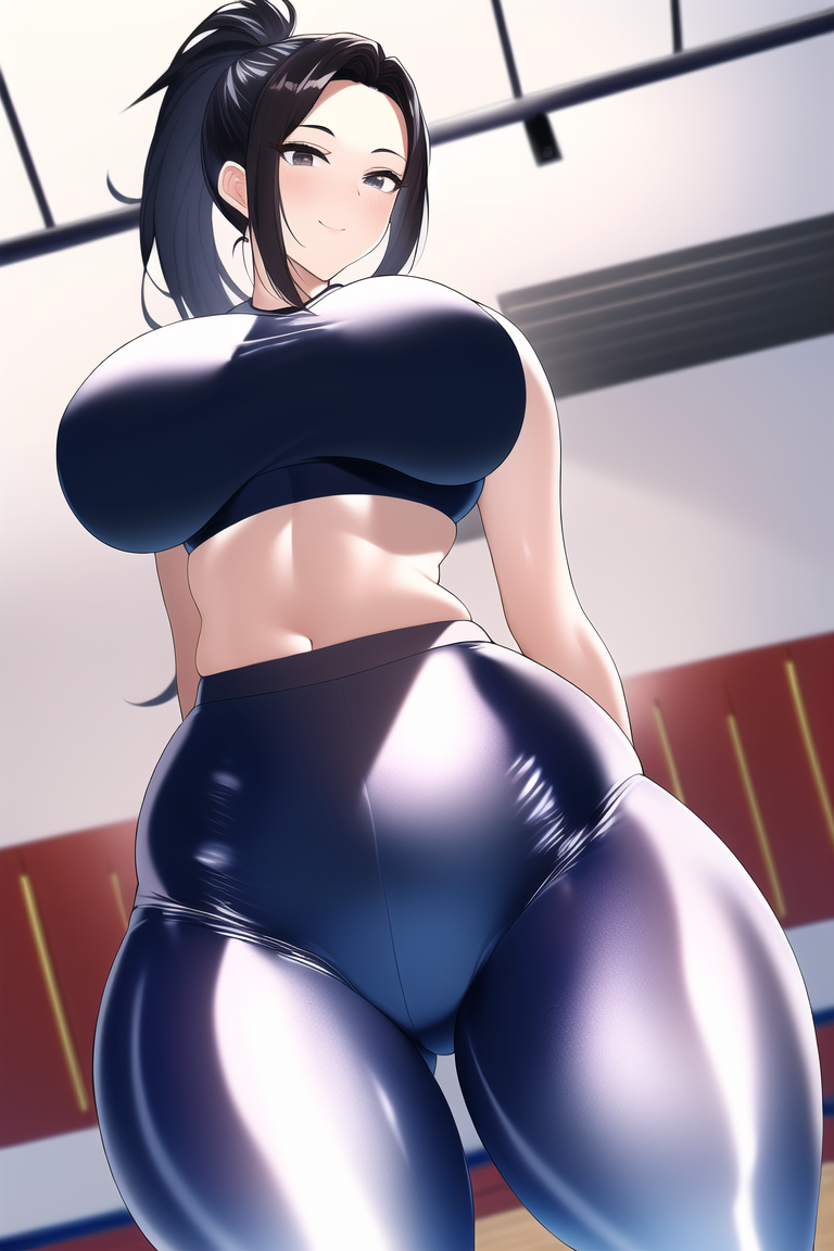 1girls, 2022, ai generated, big breasts, black hair, breasts, female, gym, gym clothes, gym uniform, huge breasts, long hair, looking at viewer, momo yaoyorozu, my hero academia, smile, smiling, stable diffusion, thick, thick thighs, tight clothes, tight clothing, wide hips