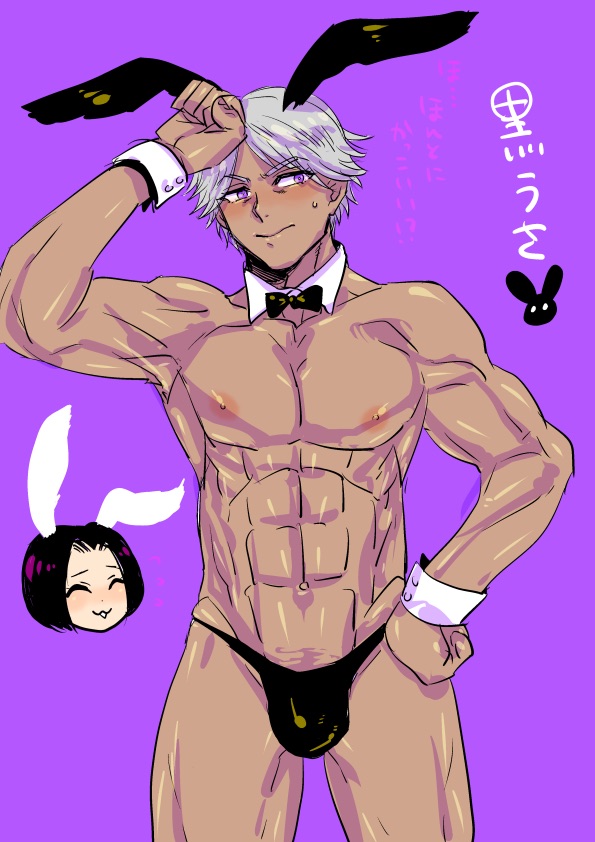 2boys blush bowtie bulge bunny_boy bunny_ears dark-skinned_male dark_skin detached_collar embarrassed grey_hair gyaru-oh gyaruo gyogyogyotto hand_on_hip himuro_ryo japanese_text kaneda_suekichi kengan_(series) kengan_ashura looking_away male male_only muscular muscular_male purple_background silver_hair solo_focus speedo sweatdrop topless topless_male wrist_cuffs yaoi