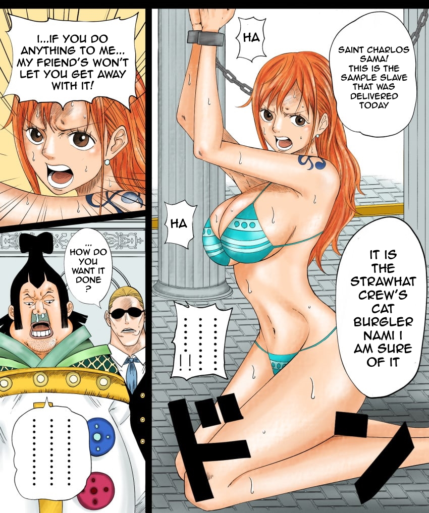 1girls, 2boys, accurate art style, angry, arm tattoo, ass, azlight69, big ass, bikini, bikini bottom, blue tattoo, bondage, bound, breasts, brown eyes, captured, captured heroine, celestial dragon, chains, cleavage, comic, cuffs, damsel in distress, defeated, defeated heroine, dialogue, domination, earrings, english text, enslaved, female, femsub, forced, forced exposure, forced submission, handcuffs, helpless, humiliation, imminent rape, japanese text, kidnapped, kneeling, large breasts, linea alba, long hair, male, maledom, midriff, nami (one piece), nervous, no pants, one piece, open mouth, orange hair, orange-haired female, panels, peril, post-timeskip, restrained, sad, sad sub, saint charlos, scared, sex slave, slave, slave girl, speech bubble, story, striped bikini, submissive, submissive female, sweat, swimsuit, tattoo, tattoo on arm, tattooed arm, text, translated, ugly bastard, unhappy, unhappy female, white earrings, worried, wrist cuffs