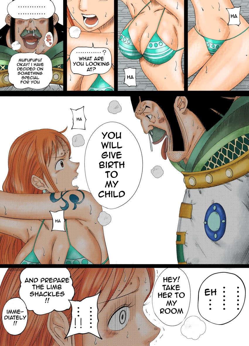 1girls 2boys angry ass azlight69 big_ass bikini bondage breasts brown_eyes chains cleavage comic cuffs earrings female femsub handcuffs imminent_rape japanese_text kneeling large_breasts long_hair male maledom midriff nami nami_(one_piece) nervous one_piece open_mouth orange_hair post-timeskip restrained saint_charlos scared slave sweat swimsuit tattoo text translated ugly_bastard wrist_cuffs