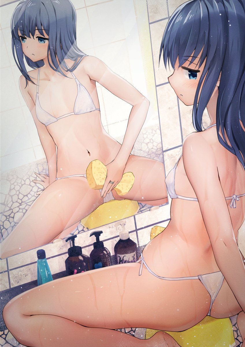 1girls, anshinmama, ass, bath, bathroom, bikini, blue eyes, blue hair, breasts, feet, female, human, human only, light skin, light-skinned female, long hair, looking at viewer, looking back, magia record: mahou shoujo madoka magica gaiden, magical girl, mahou shoujo madoka magica, mirror, nanami yachiyo, shampoo, shampoo bottle, small breasts, soles, solo, solo female, sponge, swimsuit, voluptuous, voluptuous female, white skin, young