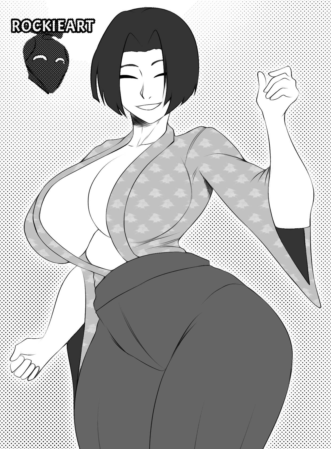 alternate_version_available big_breasts bob_cut cleavage closed_eyes curvy female female_only genderswap_(mtf) hair_intakes hakama hourglass_figure japanese_clothes kaneda_suekichi kengan_(series) kengan_ashura looking_at_viewer monochrome no_bra open_shirt rockie_art rule_63 short_hair smile solo wide_hips